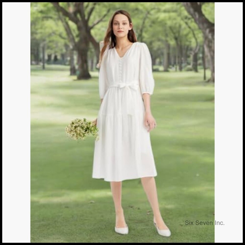 Acetate 3/4 Sleeve V-Neck Wrap Midi Dress Wedding Guest Casual - Picture 5 of 6